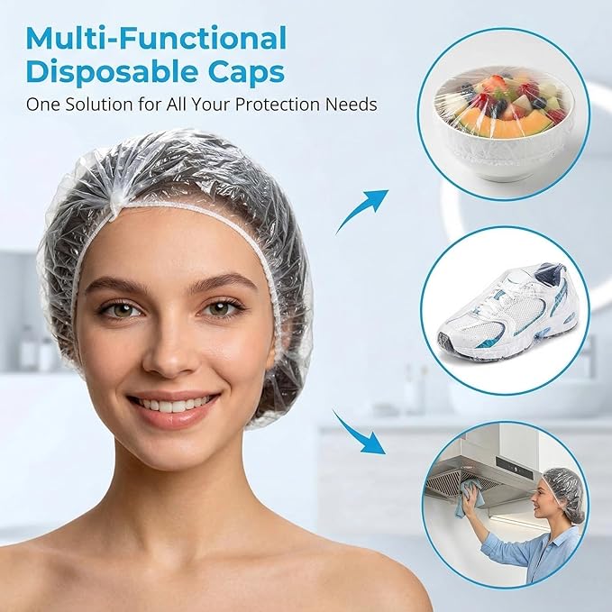 MAQIHAN 100 Disposable Shower Caps Large - Thickened Plastic Hair Caps for Deep Conditioning Shower Cap Reusable Waterproof for Women Men Hair Treatment Bath Cap for Long Hair Travel Essentials