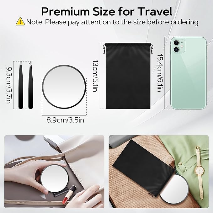 MIYADIVA Magnifying Mirror Set, 10x&20x&30x Suction Cup Makeup Mirror, 2 Tweezers & Storage Bag. 3.5in Compact Mirror for Travel, Bathroom, Home, Gifts for Women