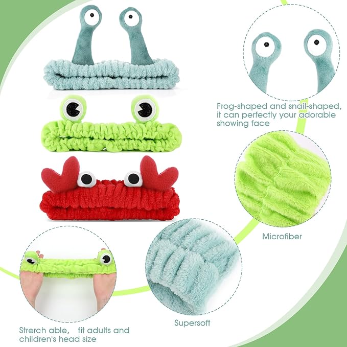 3 Pack Spa Headband Face Wash Hairband Facial Makeup Head Wraps Cartoon Elastic Head Band Cute Frog Snail Crab Shower Headband Creative Hair Accessories for Beauty Skincare Sports