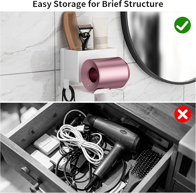 YSD Hair Dryer Holder Wall Mounted, Hair Tool Organizer, Blow Dryer Hanger for Dryer Hook, Bathroom Space-Saving Blow Dryer Organizer, White Curling Irons Storage