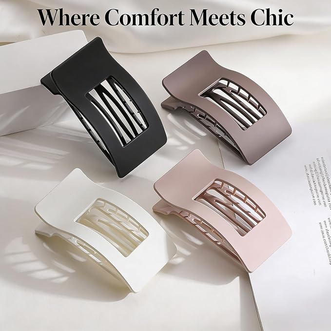 4 Pack Large Flat Hair Clips for Women, Rectangle Matte Non-slip Lay Flat Claw Clips, French Strong Hold No Crease Barrettes for Thick & Thin Hair, Stylish Square Hair Accessories (Neutral Colors)
