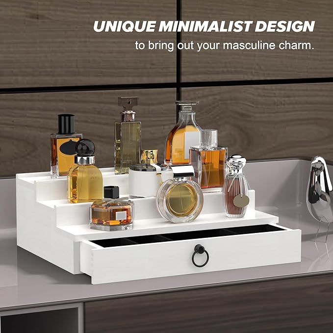 upcessory Cologne Organizer for Men, 3 Tier Wood Perfume Organizer with Felt Lining Drawer and Hidden Compartment, White Perfume Display Holder, A Gift for Men