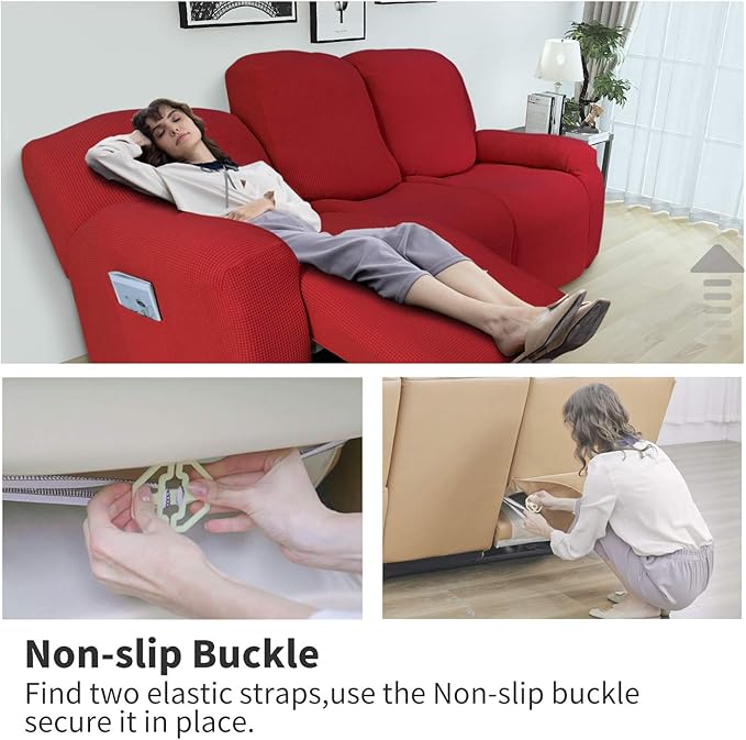 Easy-Going 8 Pieces Recliner Sofa Stretch Sofa Slipcover Sofa Cover Furniture Protector Couch Soft with Elastic Bottom Kids, Spandex Jacquard Fabric Small Checks Christmas Red