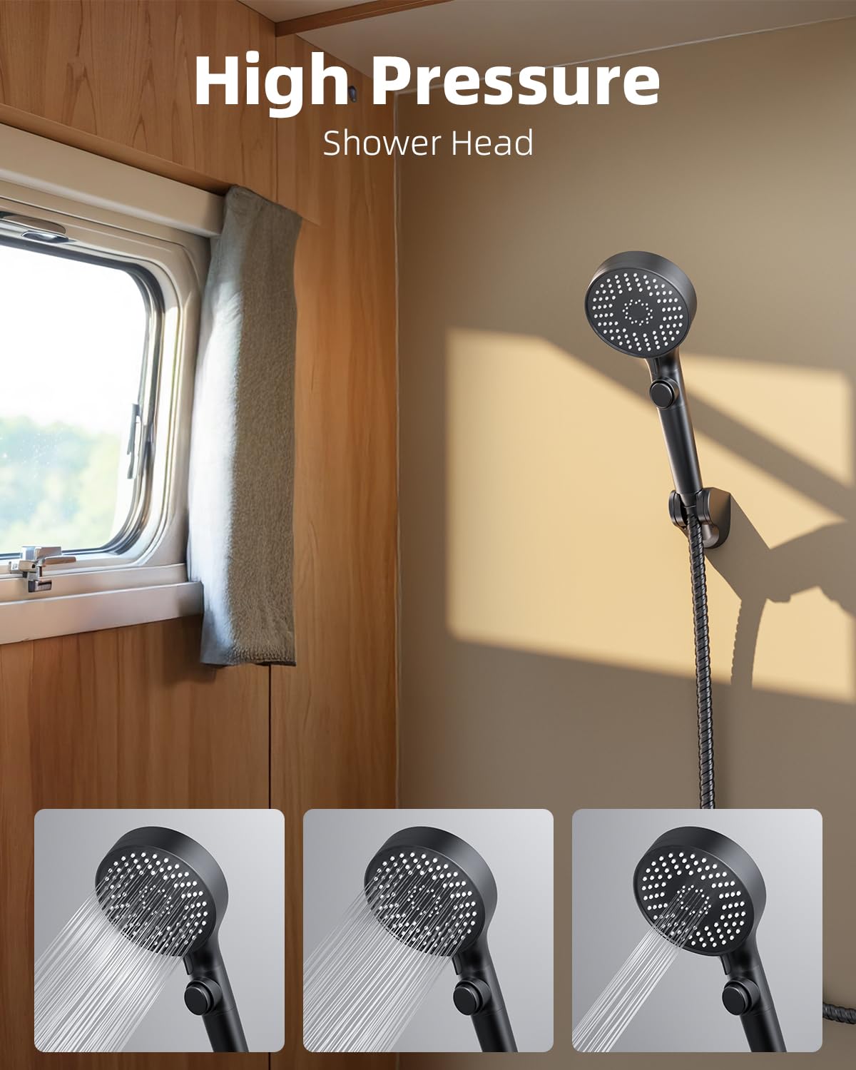 RV Shower Head with Stainless Steel Hose, 5 Mode High Pressure Shower Head with Handheld On Off Switch, Camper Shower Head Replacement for RV, Travel Trailer, Motorhome, RV Accessories Part, Black