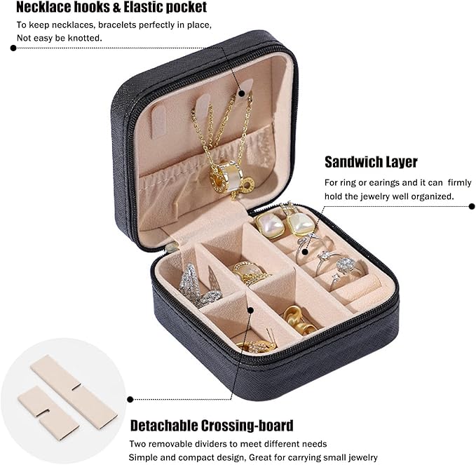 MODENGKONGJIAN Mini Jewelry Travel Case, PU Leather Travel Jewelry Organizer Box, Small Portable Portable Jewellery Storage Holder for Womens Rings Earrings Necklaces Bracelets (Black)