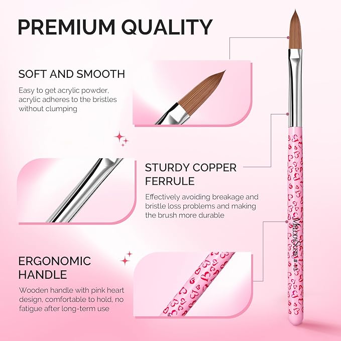 MelodySusie 3-Piece Acrylic Nail Brush Set - Sizes 8/10/14, Professional Nail Art Tool for Acrylic Application, Powder, Extension & 3D Carving - Pink