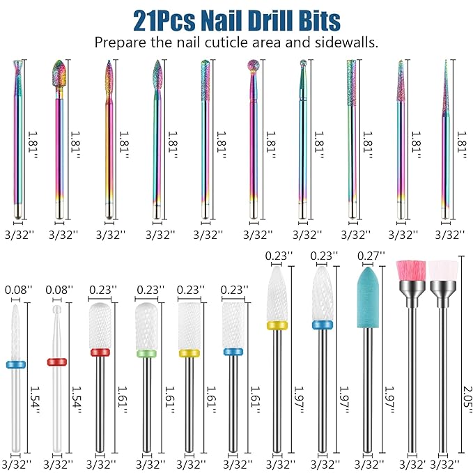 Depvko 21pcs Nail Drill Bits Sets, 3/32 Inch Cuticle Electric Nail File and Ceramic Acrylic Gel Nail Bit Kit, Acrylic Nail Art Tools, Carbide Remover Bits for Manicure Pedicure, Home Salon