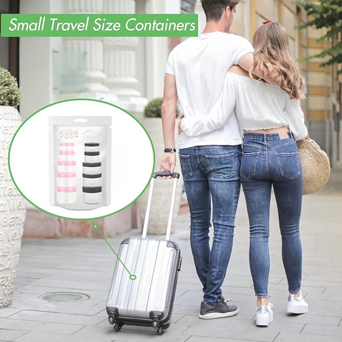 10pcs Small Travel Containers with Screw Lids, 5 Size 3/5/10/15/20 Gram Sample Jars with 12 Labels and 2 Mini Disposable Spatulas, Makeup Containers BPA Free