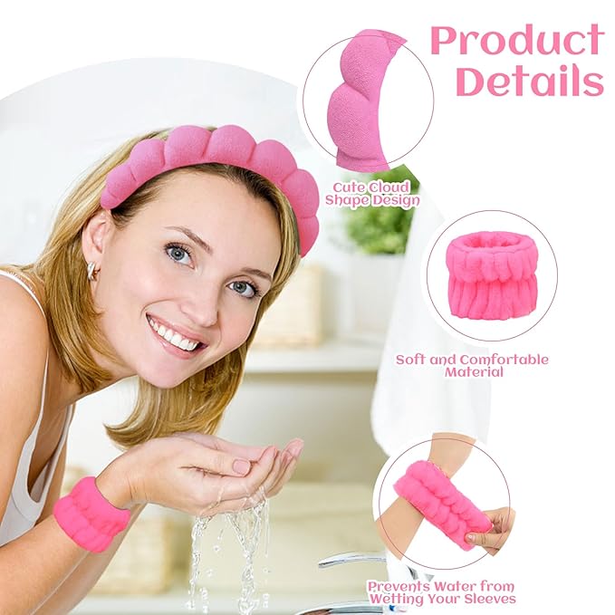 6 Pcs Terry Cloth Headband and Wristbands Set - Sponge Makeup Removal Headbands for Skincare, Shower, and Face Washing