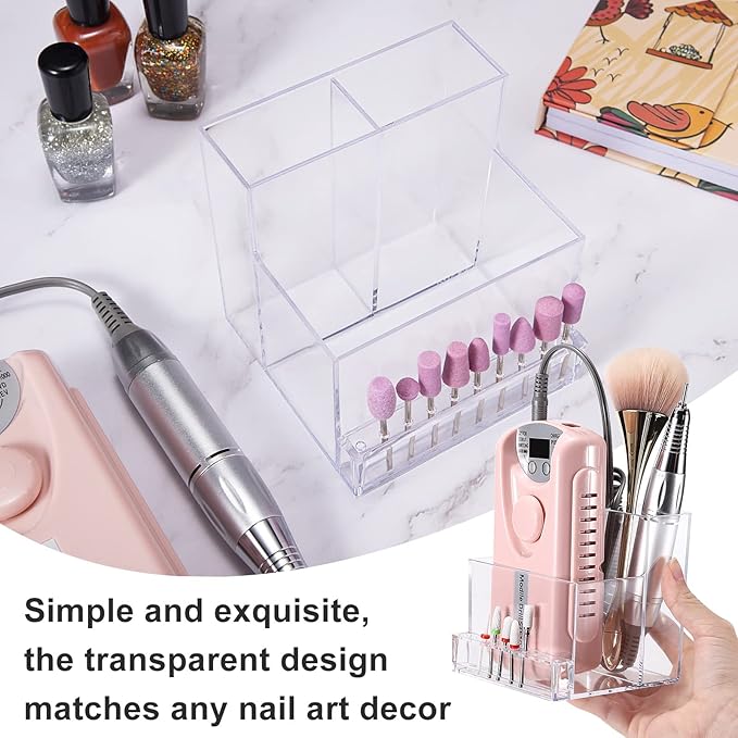 Noverlife 10 Holes Mini Nail Drill Machine & Bits Storage Box, Transparent Nail Drill Grinding Bit Organizer, Plastic Nail Drill Tool Displayer Holder Case (Not Included Nail Drill Machine & Bit)