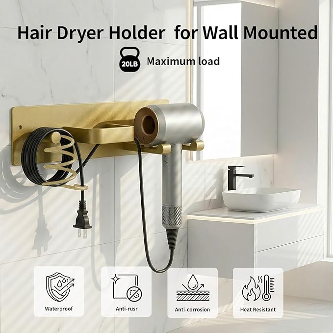 Blow Dryer Holder Wall Mount, 3 in 1 Bathroom Hair Tool Organizer with Curling Iron Holder & Flat Iron Holder, Universal Hair Dryer Holder Rack Storage (Champagne Gold)