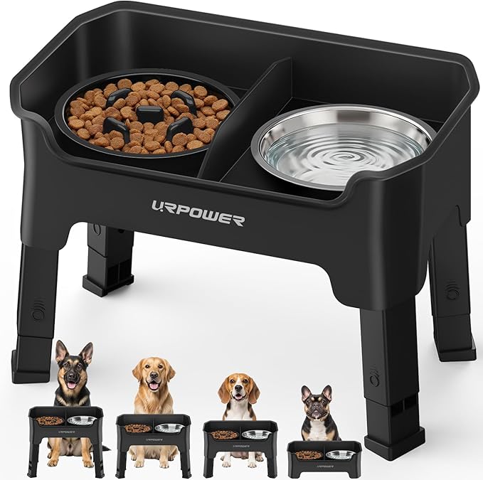 URPOWER Mess Proof Slow Feeder Dog Bowls 4 Height Adjustable Elevated Bowl Stand with Stainless Steel Water Bowl and Slow Feeder Non-Slip Dog Food Bowls Stand for Small Medium Large Dogs