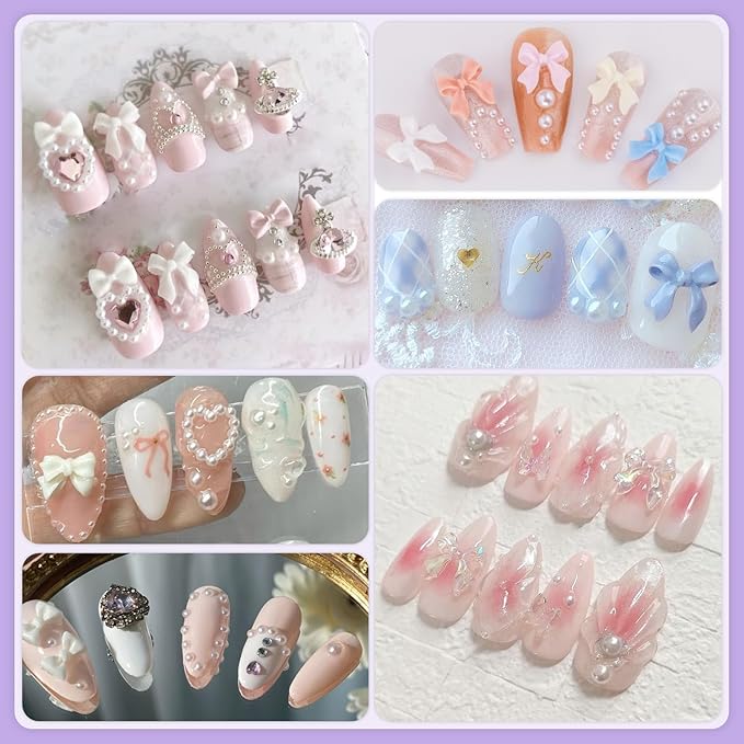 120 Pcs 3D Bow Charms + 2-4mm Nail Pearls - Pink White Lilac Bows & White Flatback Pearls with Glue Gel (UV Needed) & Pickup Tools