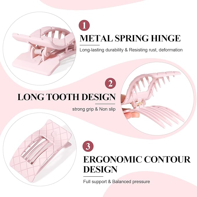 Large Flat Hair Claw Clips for Women Fine Thin Medium Thick Hair, Duckbill Strong Hold Non Slip Square Hair Clips, Cozy French Lay Down Hairclips, Pink, Blue, Brown, Khaki, 4 Pcs