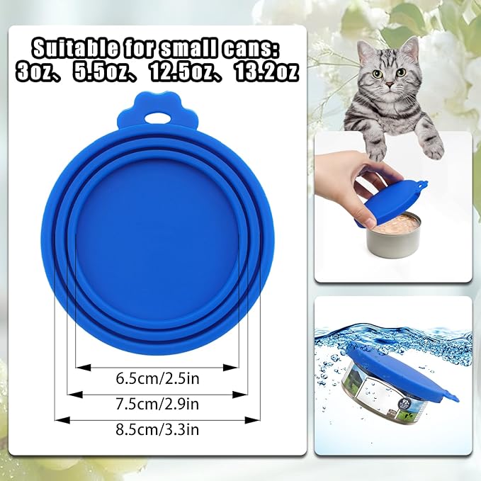 PINE & LINEN 4 Pcs Durable Pet Can Lids,One fit 3 Standard Size Silicone Waterproof Cat Food Cans Lids for 3oz/5.5oz/12.5oz/13.2oz Cat Food Cans（Blue）