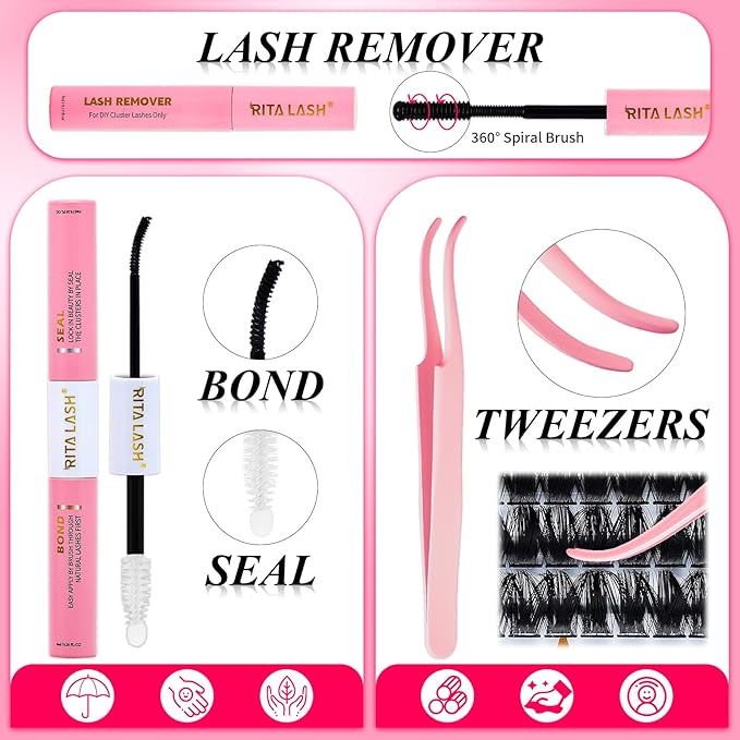 Lash Clusters Kit Eyelash Clusters Kit Cluster Eyelash Extensions Large Pack Lashes Clusters Lash Extension Kit PestaÃÂ±as Postizas Naturales+Lash Bond&Seal,Remover,Tweezers,Cleanser,Tools(Lash Kit-10)