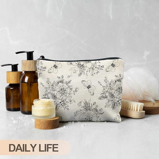 Vintage Boho Floral Butterfly Makeup Bag, Chinoiserie Black and White Cosmetic Bags for Women, Cottagecore Botanical Butterfly Zipper Makeup Pouch