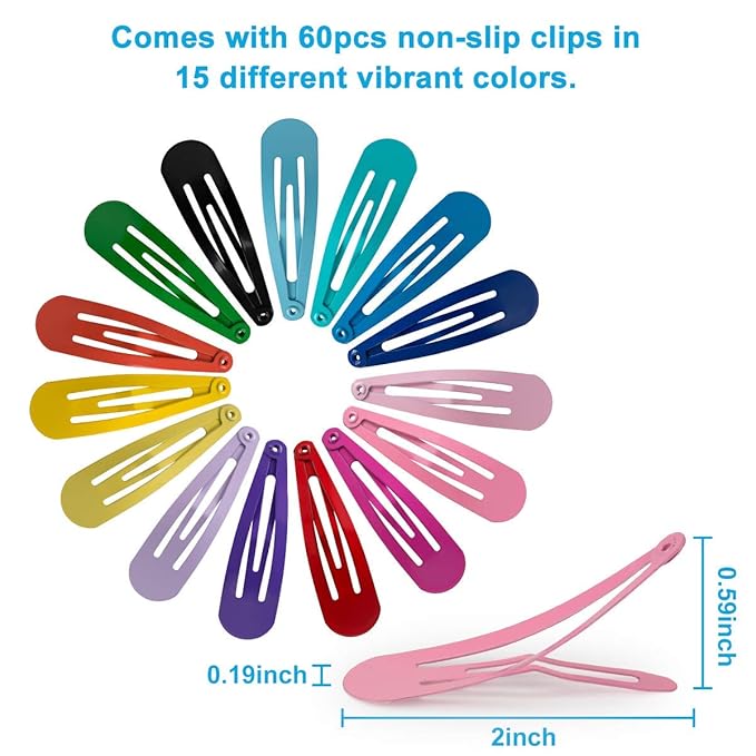 BetyBedy 60 Pcs Hair Barrettes, Non-Slip Hair Clips, 2 Inch Metal Hairpins Accessories for Toddlers, Girls, Kids, Teens, Women (15 Assorted Colors)