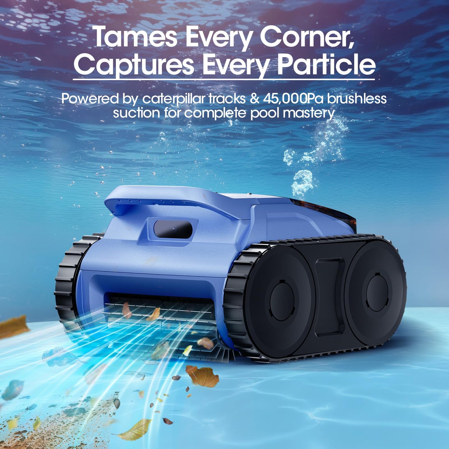 Cordless Robotic Pool Vacuum, Pool Cleaner with Track Drive & Sonar Navigation, 180W Brushless Motor, Wall & Waterline Climbing, 150-Min Runtime, for Inground Above-Ground 2150 Sq. Ft. (Navy Blue)