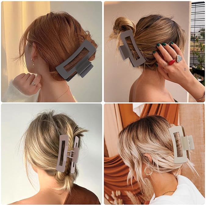 Large Hair Claw Clips - 8 Pcs Rectangle Big Claws for Thick Hair - Non-Slip Acrylic Banana Jaw Clips - Women & Girls (Blue, Brown)