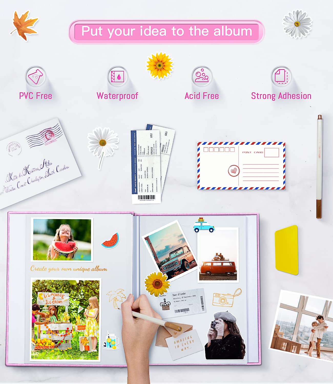 Popotop Photo Album Self Adhesive with Picture Display Window,40 Pages DIY Scrapbooking Supplies Kit for 4x6 8x10 Picture,Linen Cover Memory Book for Baby Wedding, with Scraper and Metallic Pen