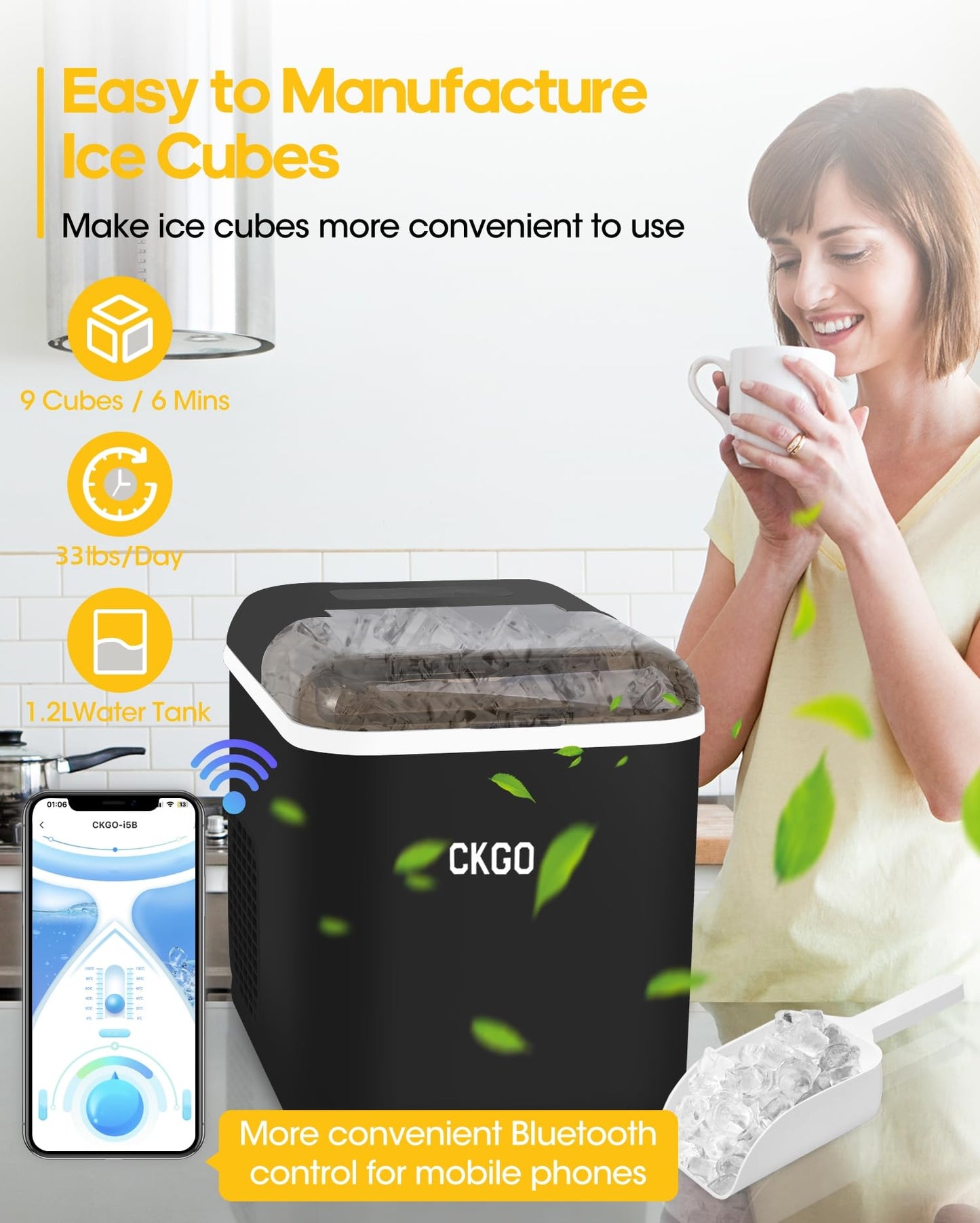 Ice Maker Countertop, 9 Cubes in 6 Mins, 33 lbs per Day, Portable Bullet Ice Machine, Self-Cleaning Ice Makers with Basket and Scoop, Ideal for Home, Kitchen, Camping, RV