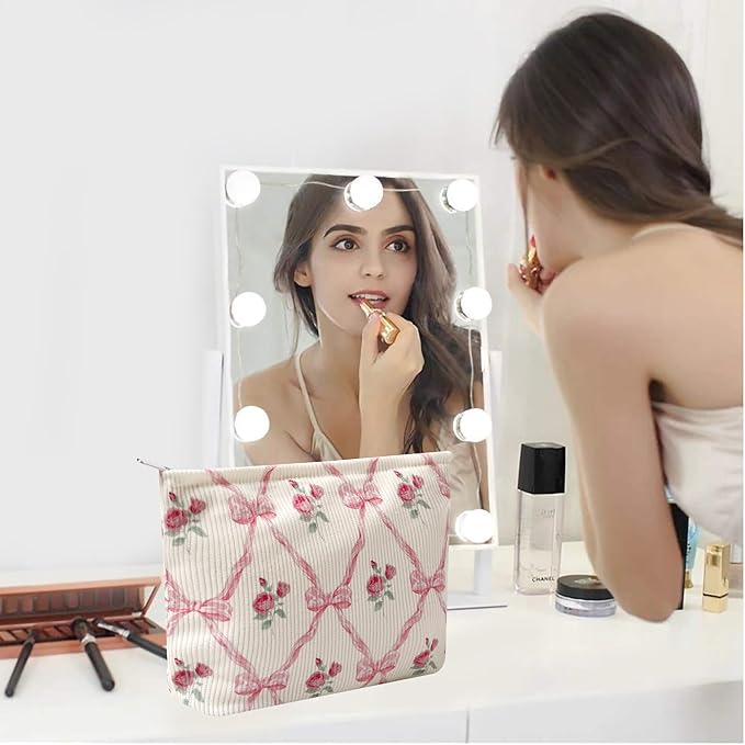 Cosmetic Bags for Women - Corduroy Cosmetic Bag Aesthetic Women Handbags Purses Smile Dots Makeup Organizer Storage Makeup Bag Girls Case Bags (Flowers-Beige strawberry)