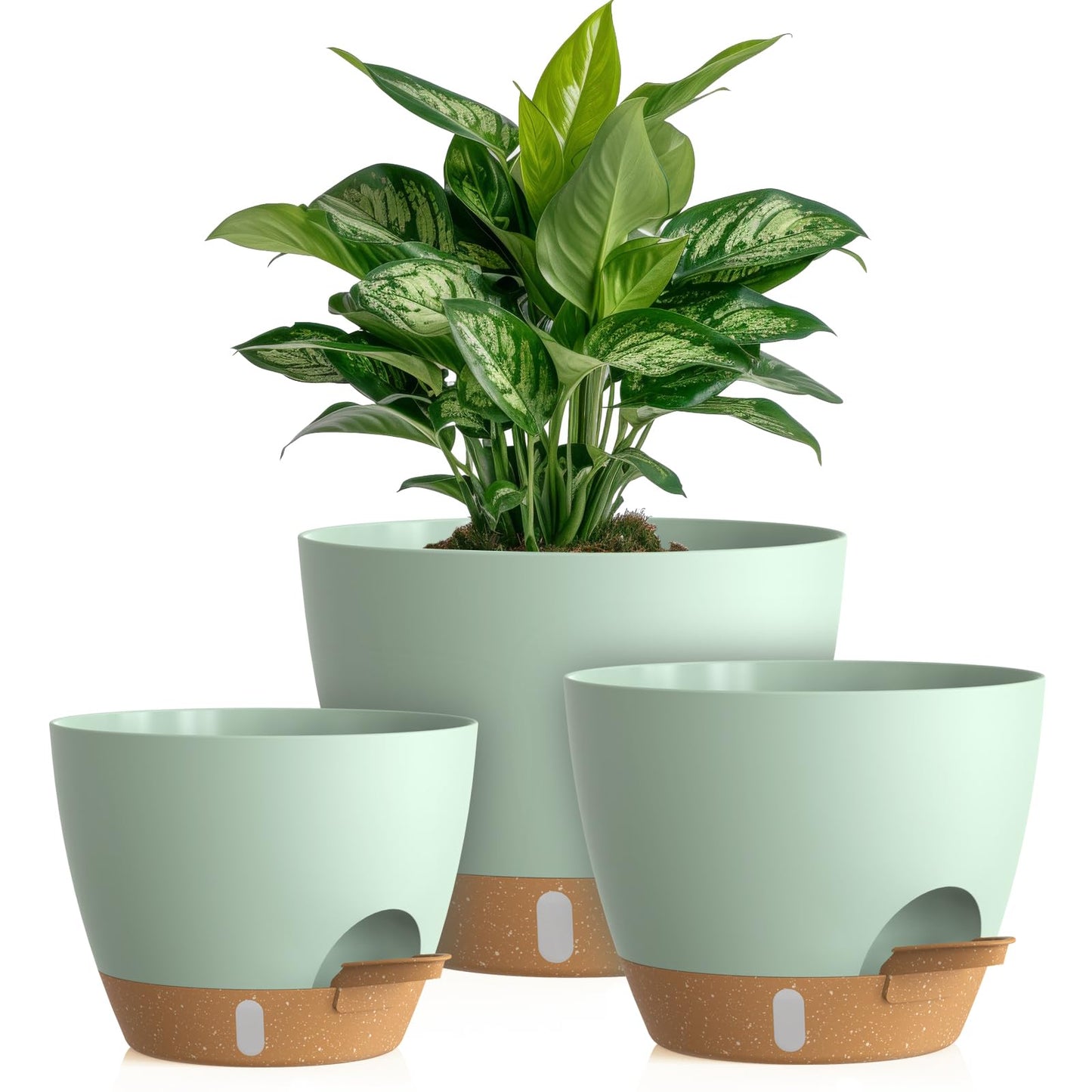 KUGAZ Self Watering Pots with Drainage Holes, 3 Pack 12/10/8 Inch Plant Pots with Water Level Indicator Deep Reservoir, Large Plastic Planter for Indoor Outdoor Plants - Green Brown