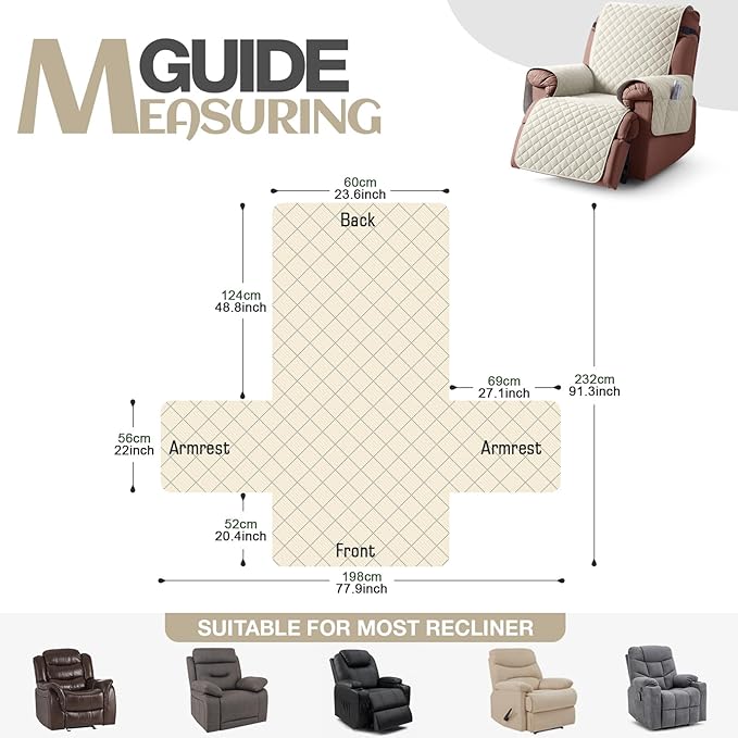 KinCam 100% Waterproof Recliner Chair Cover, Reclining Couch Covers for Pets, Dogs, Recliner Couch Slipcover Furniture Protector with Elastic Straps for Kids(23.6", Ivory)