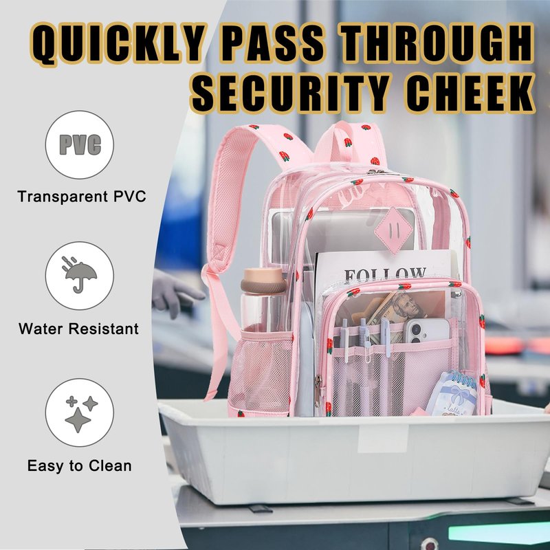 Xunteny Clear Backpack for Girls Women School Bookbag Heavy Duty Transparent Backpacks (Pink Corduroy Strawberry)
