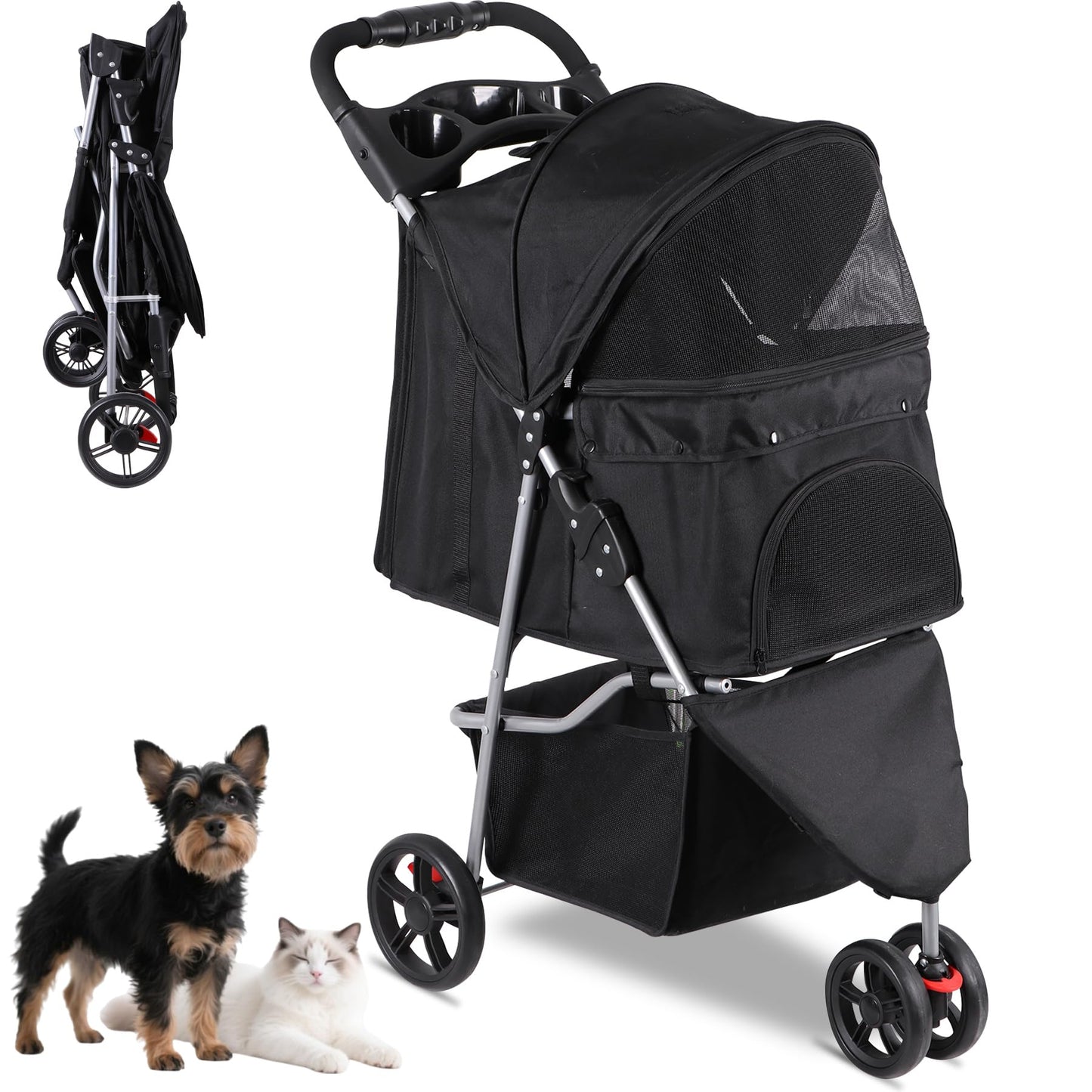 Foldable Pet Stroller for Cats and Dogs 3 Wheels Carrier Strolling Cart with Weather Cover, Storage Basket + Cup Holder (Black)