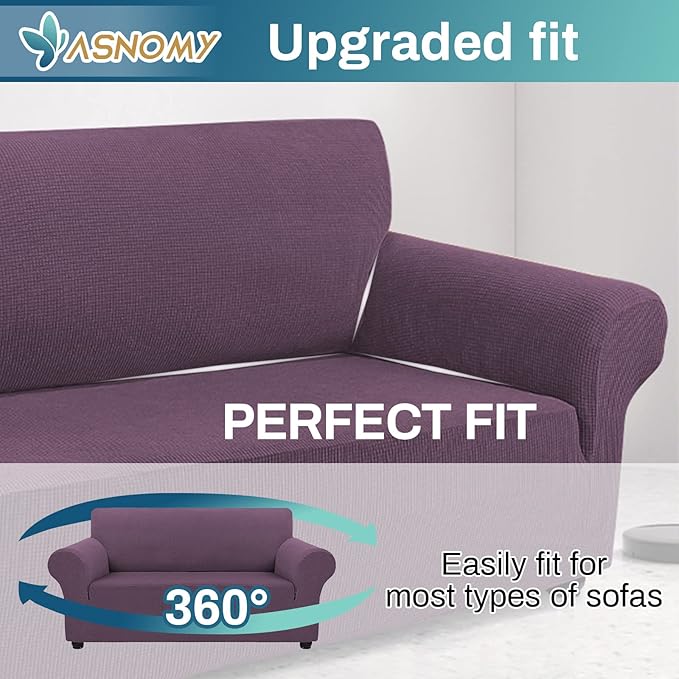 Asnomy Sofa Covers for 2 Cushion Couch Stretch loveseat Covers Slipcovers, Pet Protector Furniture Covers for Dogs Cats Spandex Jacquard Fabric Small Checks （Medium，Gray Purple）