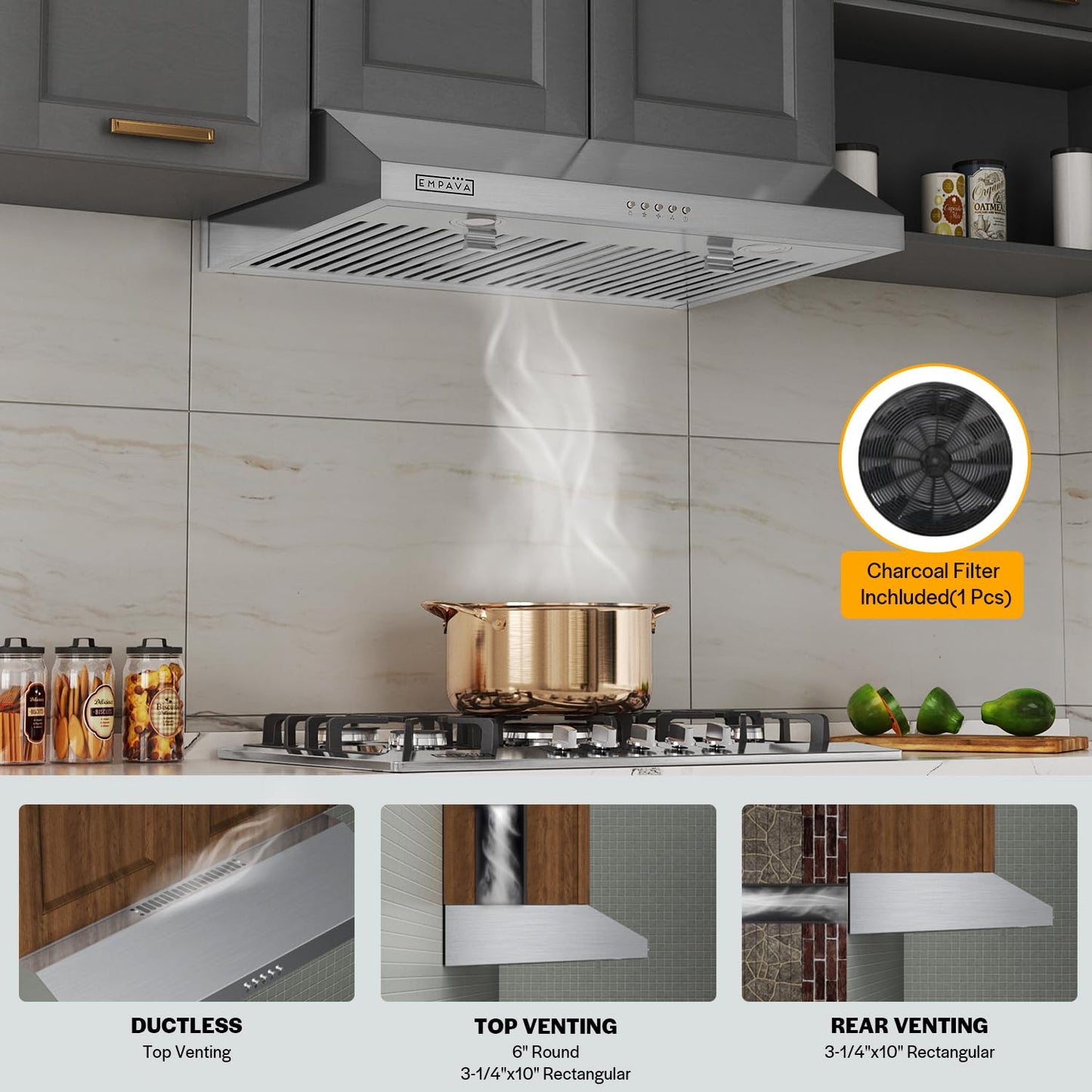 Empava Ductless Under Cabinet Range Hood 36 Inch, Convertible Ducted (Rear/Top Vent), 300 CFM, Push Button Plug in, Stainless Steel