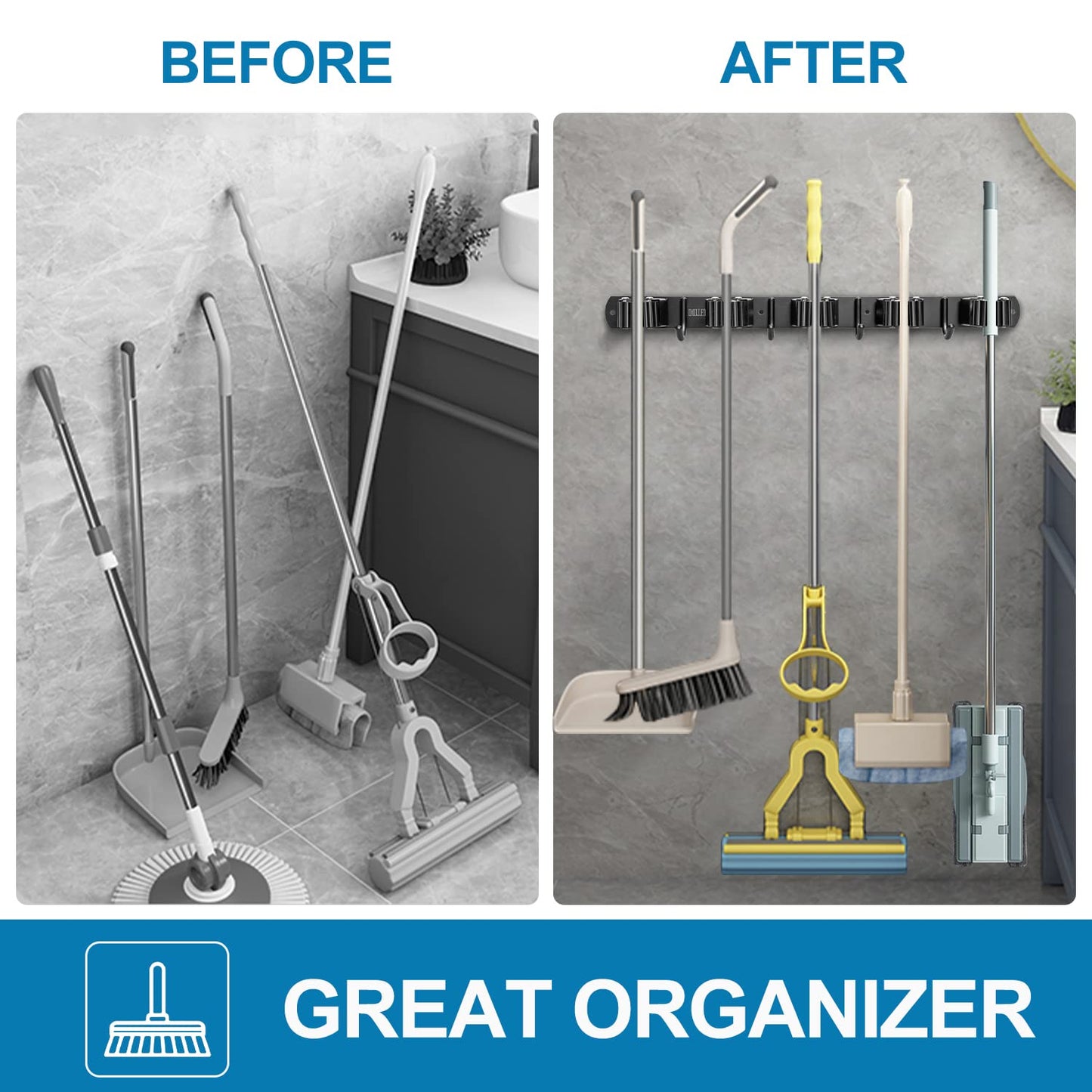 IMILLET Broom Holder Wall Mount, Broom Holder Stainless Steel Heavy Duty Garage Organization Broom Organizer Wall Mount Self Adhesive Laundry Room Organization and Storage（5 Racks and 4 Hooks）
