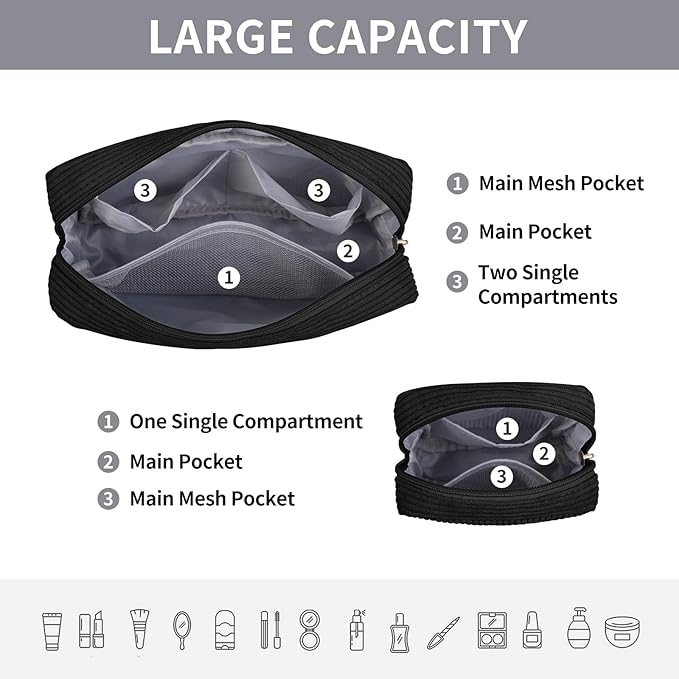 MAGEFY Small Makeup Bag for Purse Mini Cosmetics Bag Corduroy Cute Cosmetic Pouch for Women with Slip-in Pockets