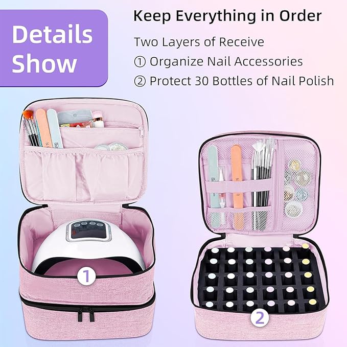 Nail Polish Organizer Holds 30 Bottles (15ml - 0.5 fl.oz) Double-layer Gel Nail Polish Kit Case, Nail Holder for Nail Lamp, Portable Nail Organizer and Storage for Nail Supplies (Pink)