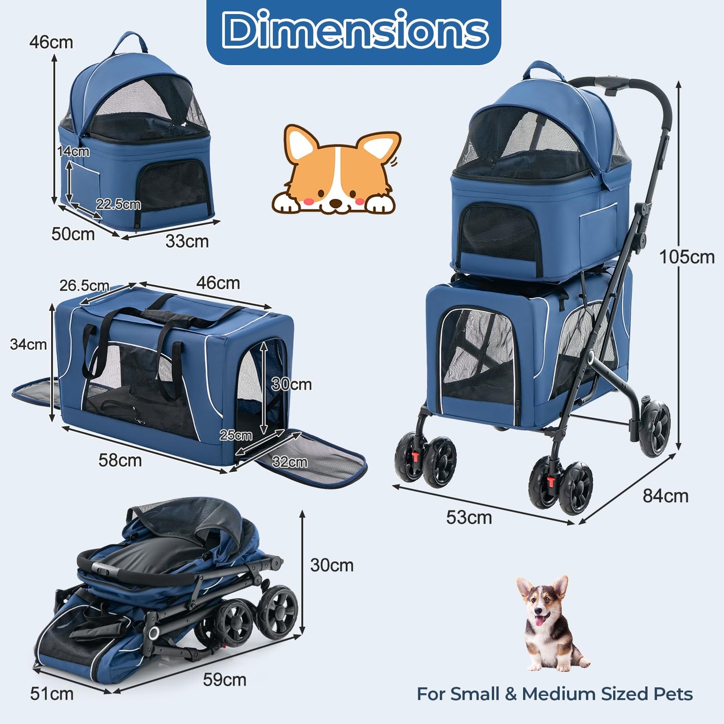 HAPPAWS Pet Stroller with Detachable Carriers, Adjustable Cat Stroller for Small & Medium Pets, 4-in-1 Cat Carriers with Safety Belt and Lockable Wheels, Navy Blue