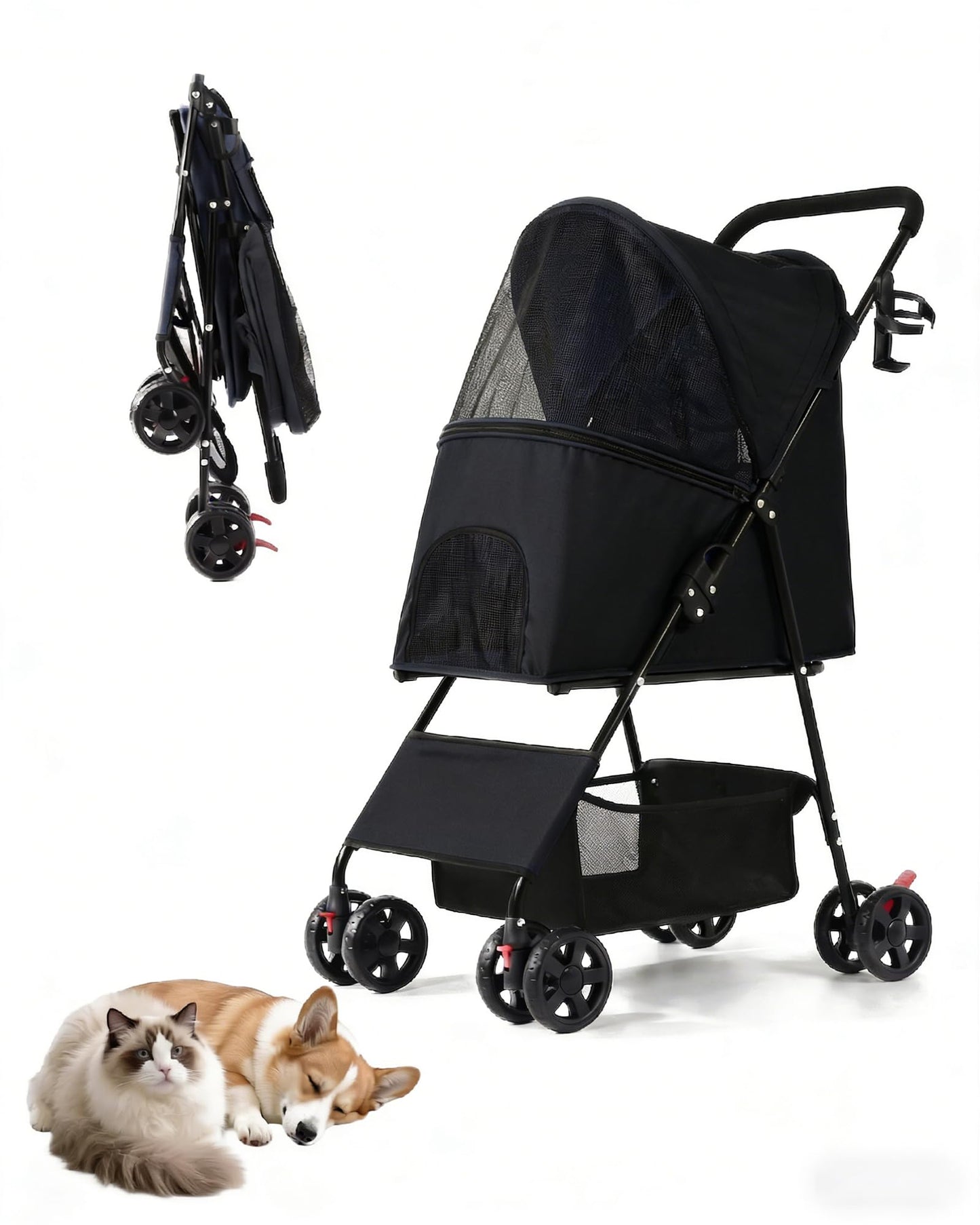 Pet Stroller for Small Medium Dogs Cats - Lightweight 10lbs Foldable Dog Stroller, Breathable Mesh & Safety Tether, 33lbs Capacity with Locking Wheels, Storage Basket for Outdoor Walks-Black