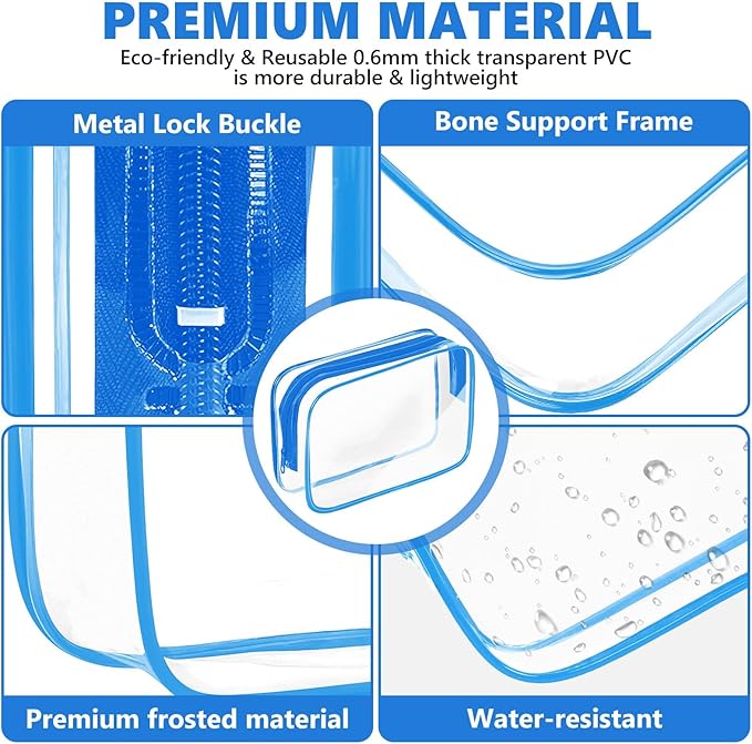 AURUZA Clear Makeup Bag,Portable Travel Toiletry Bags with Zipper, TSA Approved Clear Organizer Bags, PVC Cosmetic Pouch for Airport Airline Compliant (4 Packs Blue)