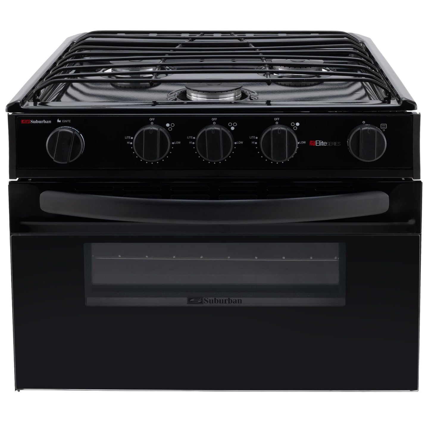 RecPro Suburban RV 17" Black 3 Burner Propane Range with Gas Oven | 9000 BTU Front Burner | Dual 6500 BTU Rear Burners | Piezo Ignition | Compact Built-In Range for RVs and Campers