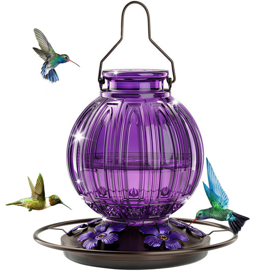 Glass Hummingbird Feeder for Outdoors Hanging, Bird Nectar Feeder with Perch & 5 Flower Feeding Ports, 26 Oz Leak Proof for Outside Garden Decor Backyard, Gifts for Women Mom, Purple