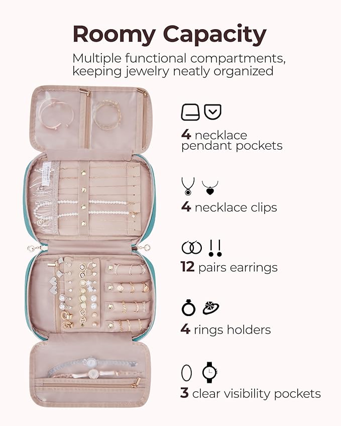 BAGSMART Travel Jewelry Case, Jewelry Organizer for Women Zipper Rings Holder Storage Pouch for Rolls Necklaces,Stud Earrings,Bracelets,Teal