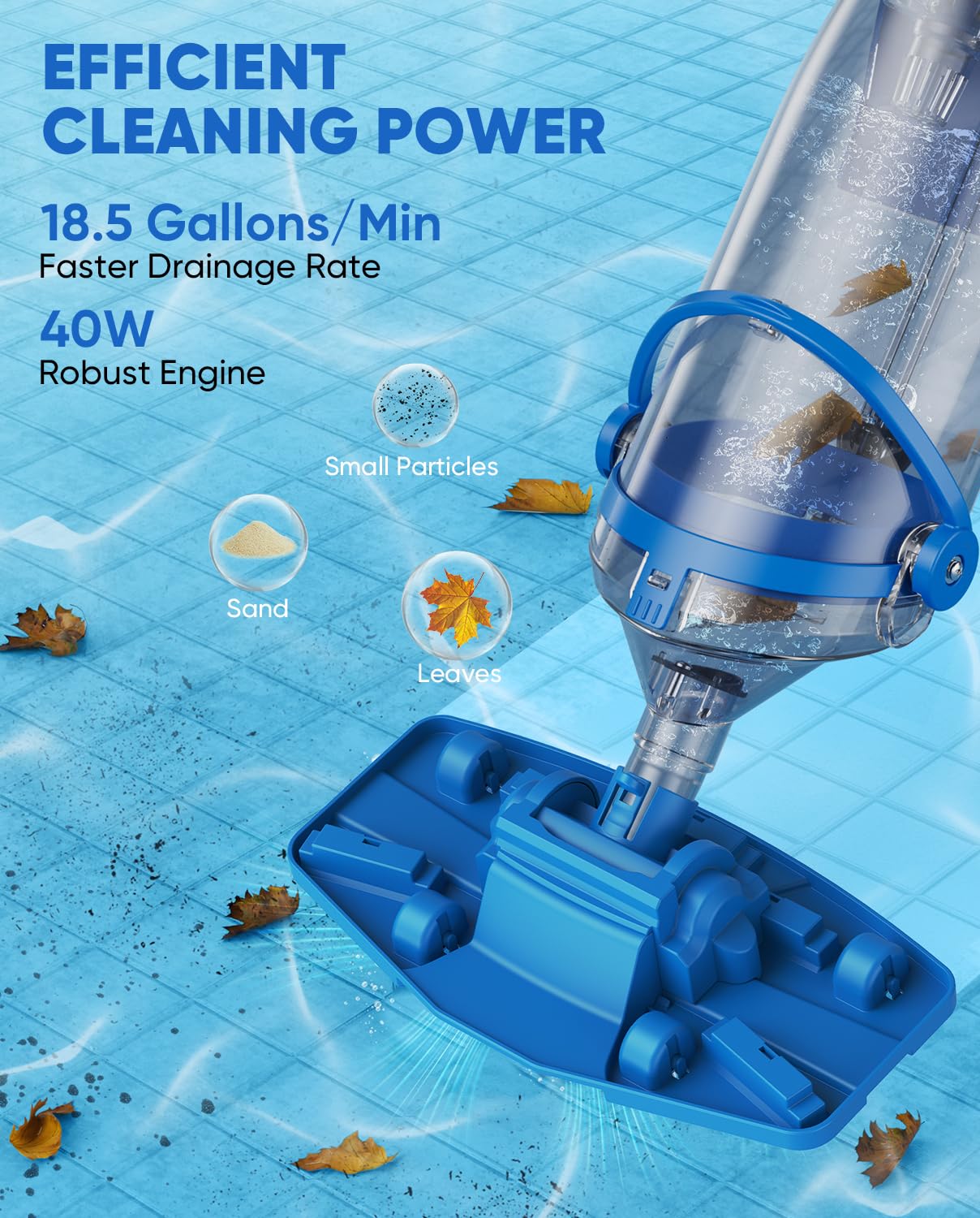 Cordless Pool Vacuum with Telescopic Pole, 18.5 GPM Powerful Suction, 1.5H Supercharge Technology, Handheld Pool Vacuum Cleaner for Above Ground/Inground Pools, Hot Tubs, Blue