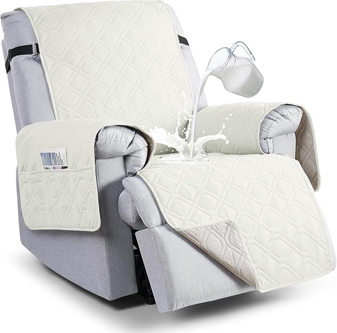 VANSOFY 100% Waterproof Recliner Chair Covers, Recliner Cover Non-Slip Dog Chair Cover Furniture Protector Washable Slipcover with Pocket, Elastic Straps for Pets, Dogs(Off White, 30")