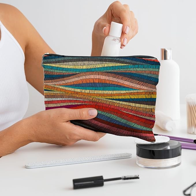 70s Retro Colorful Wavy Makeup Organizer, Vintage Aesthetic Women's Makeup Bag