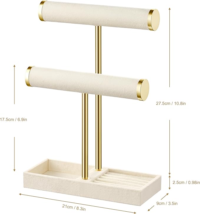 2 Tier Bracelet Holder Display - Detachable T Bar Beige Velvet Bracelet Holder, Jewelry Holder Organizer for Bracelet, Necklace, Earrings, Rings
