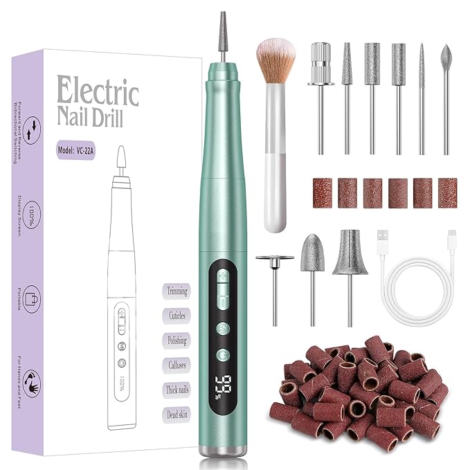Cordless Nail Drill 35000RPM, Portable Electric Nail File for Acrylic Gel Nails, Professional Manicure Pedicure Kit, Rechargeable efile Set for feet with LCD Display, Low Noise Low Vibration-Green