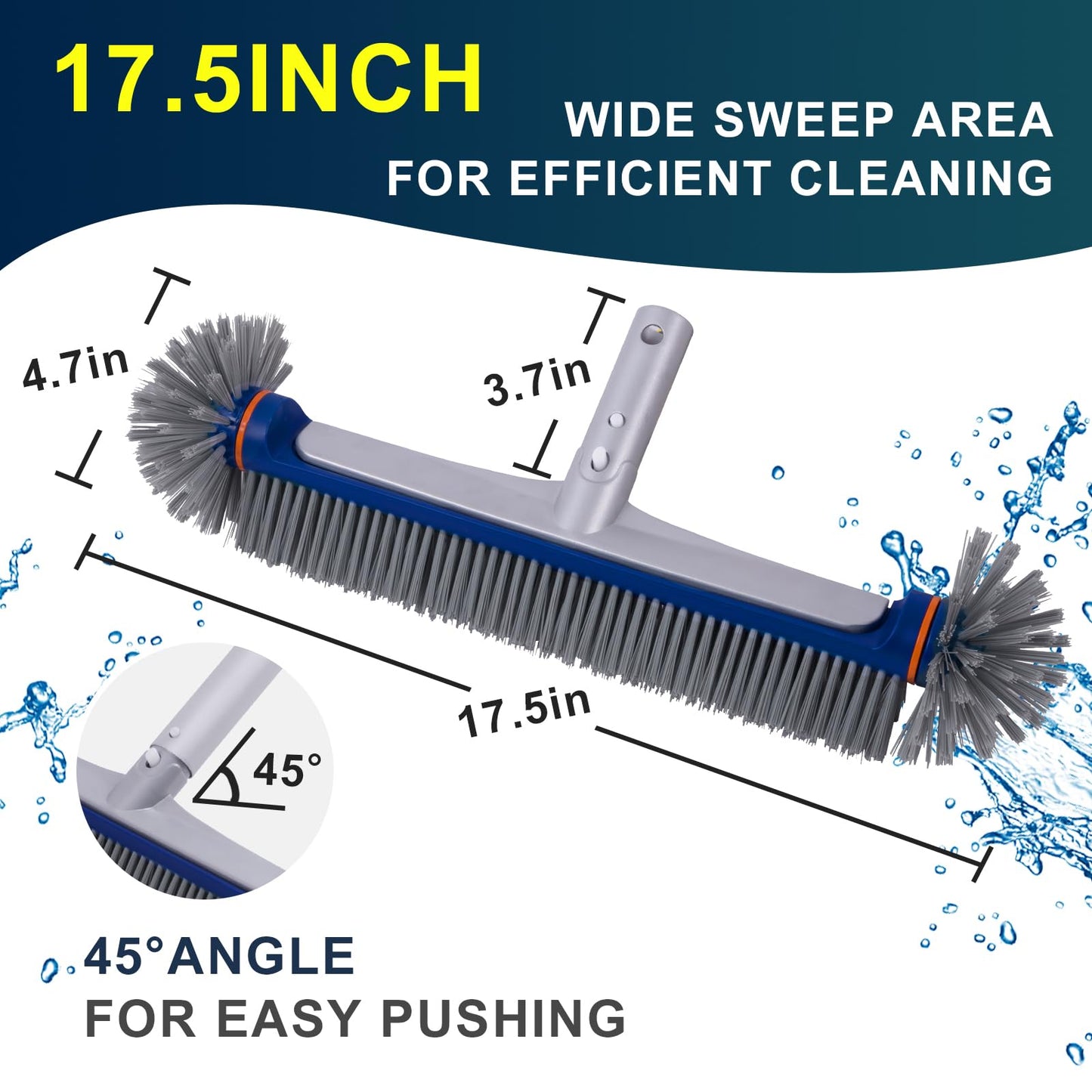 POOLAZA 360 Degree Pool Brush - Heavy Duty 17.5" Pool Brush Head for inground Pools/Above Ground Pools, Spa, Hot Tub, Premium Bristle & Aluminum Handle for Standard Pool Pole