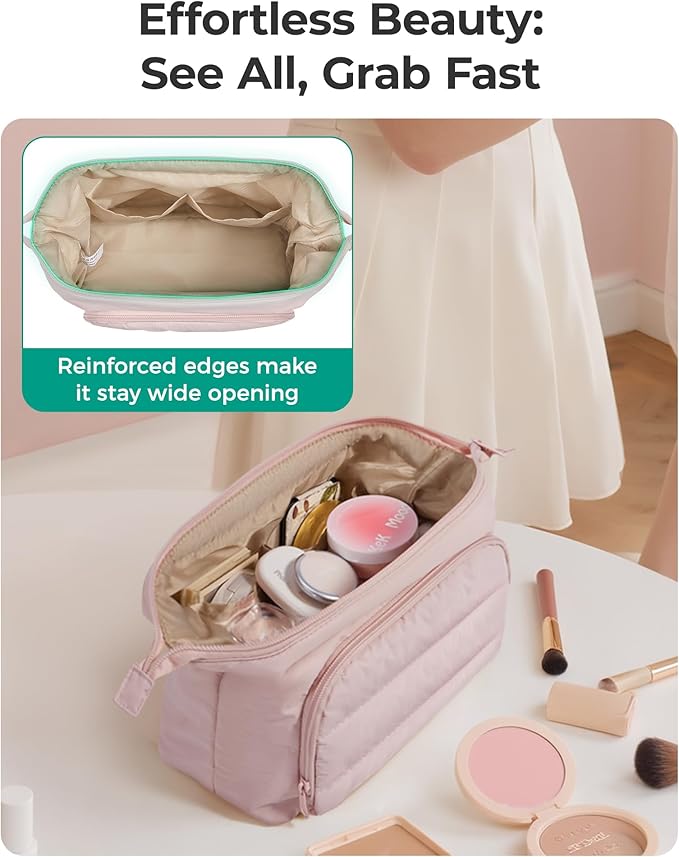 BAGSMART Travel Makeup Bag, Cosmetic Bag Small Make Up Organizer Case,Wide-open Pouch for Women Purse for Toiletries Accessories Brushes,Large Beige