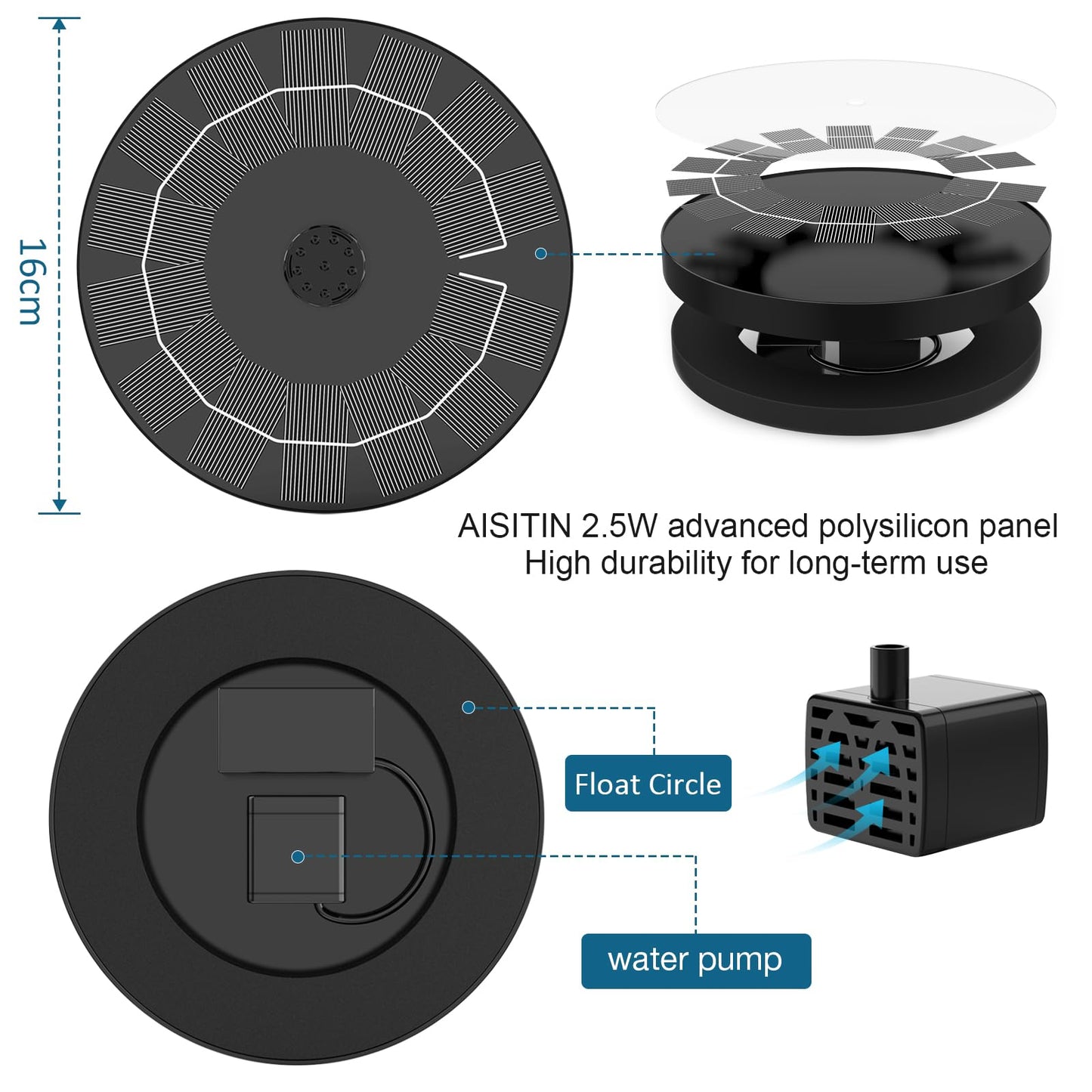 AISITIN 2.5W Solar Bird Bath Fountain, Solar Fountain for Bird Bath with 6 Nozzles, 6.7" Solar Powered Water Fountain for Garden, Ponds, Pool, Fish Tank, Outdoor and Aquarium, 2 Pack